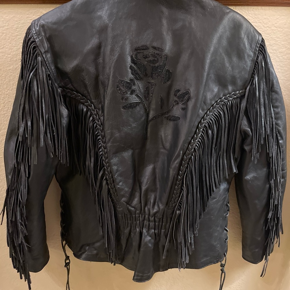 Fringed Black Leather Jacket with Rose Embroidery